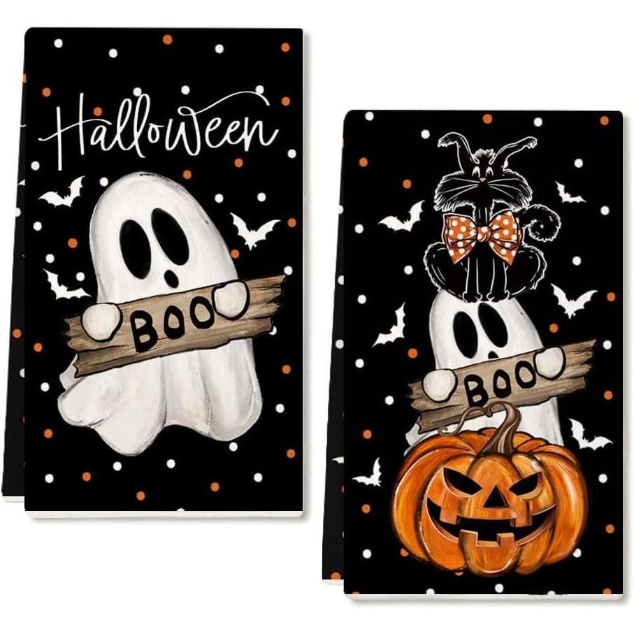 imageARKENY Pumpkin Ghost Halloween Kitchen Towels Set of 2Black Bat Cat Boo Dish Towels 18x26 InchFarmhouse Home Indoor Vintage Party Decoration AD395