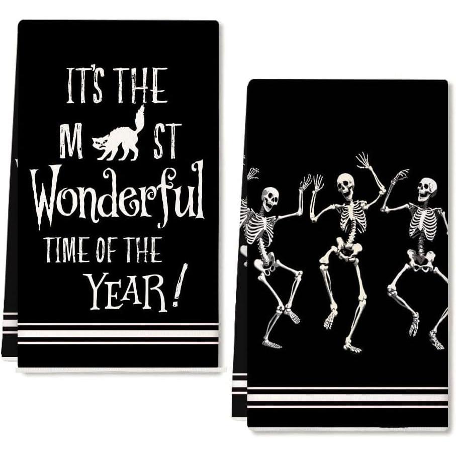 imageARKENY Skeleton Halloween Kitchen Towels Set of 2Black Cat Dish Towels 18x26 InchFarmhouse Home Indoor Vintage Party Decoration AD392