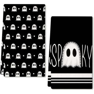 imageARKENY Ghost Halloween Kitchen Towels Set of 2Orange Spooky Dish Towels 18x26 InchFarmhouse Home Indoor Vintage Party Decoration AD383Black