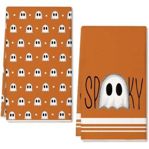 imageARKENY Ghost Halloween Kitchen Towels Set of 2Orange Spooky Dish Towels 18x26 InchFarmhouse Home Indoor Vintage Party Decoration AD383Orange