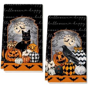 imageARKENY Pumpkin Crow Halloween Kitchen Towels Set of 2Black Bat Web Cat Dish Towels 18x26 InchFarmhouse Home Indoor Vintage Party Decoration AD396