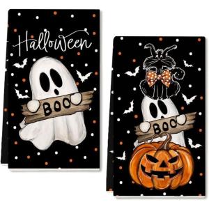 imageARKENY Pumpkin Ghost Halloween Kitchen Towels Set of 2Black Bat Cat Boo Dish Towels 18x26 InchFarmhouse Home Indoor Vintage Party Decoration AD395