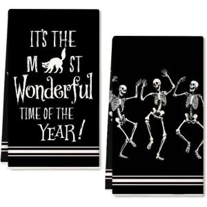 imageARKENY Skeleton Halloween Kitchen Towels Set of 2Black Cat Dish Towels 18x26 InchFarmhouse Home Indoor Vintage Party Decoration AD392