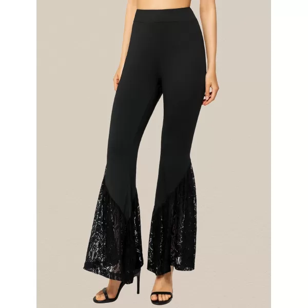 Yvette Bell Bottom Lace Flare Pants High Waisted PetitePlus Size Womens Sexy Dressy or Casual Stretchy Black amp PrintedBlack  Lacy Patchwork