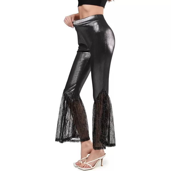 Yvette Bell Bottom Lace Flare Pants High Waisted PetitePlus Size Womens Sexy Dressy or Casual Stretchy Black amp PrintedBlack Vegan Leather