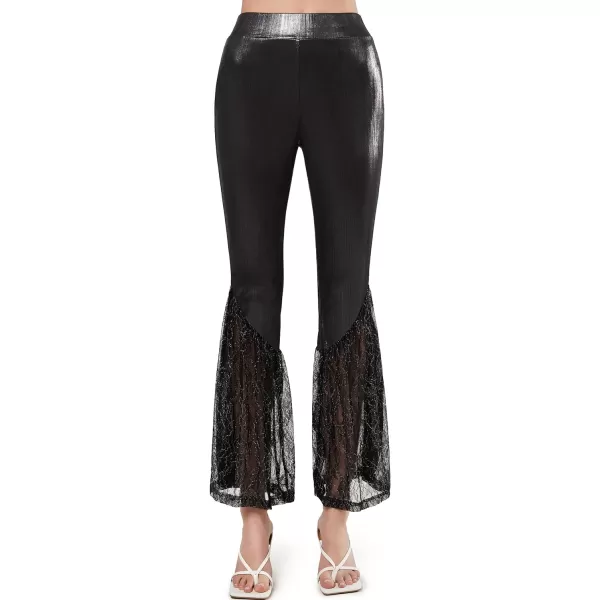 Yvette Bell Bottom Lace Flare Pants High Waisted PetitePlus Size Womens Sexy Dressy or Casual Stretchy Black amp PrintedBlack Vegan Leather