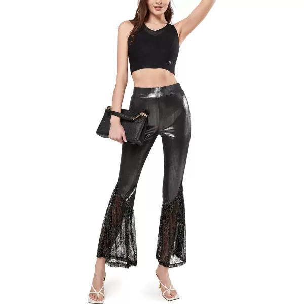 Yvette Bell Bottom Lace Flare Pants High Waisted PetitePlus Size Womens Sexy Dressy or Casual Stretchy Black amp PrintedBlack Vegan Leather