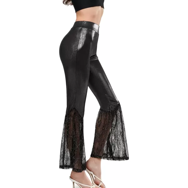 Yvette Bell Bottom Lace Flare Pants High Waisted PetitePlus Size Womens Sexy Dressy or Casual Stretchy Black amp PrintedBlack Vegan Leather