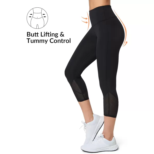 Yvette Capri Leggings High Waisted Mesh Splicing Workout Leggings Butt Lifting Tummy Control Workout Leggings for WomenBlack