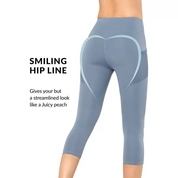 Yvette Capri Leggings for Women with Pockets High Waisted Tummy Control Workout Yoga Pants Buttery SoftLight Blue