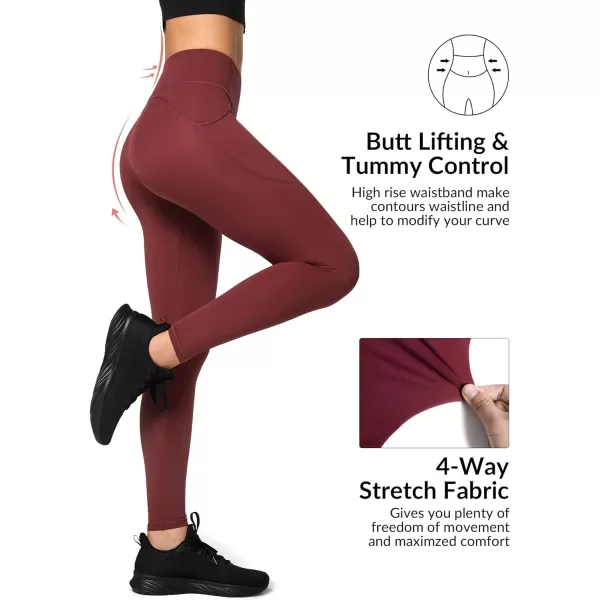Yvette Fleece Lined Leggings with Pockets Women Lightweight Thermal Workout Running Yoga Pants High WaistedBurgundy