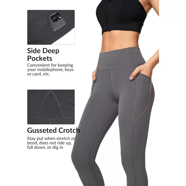 Yvette Fleece Lined Leggings with Pockets Women Lightweight Thermal Workout Running Yoga Pants High WaistedGrey