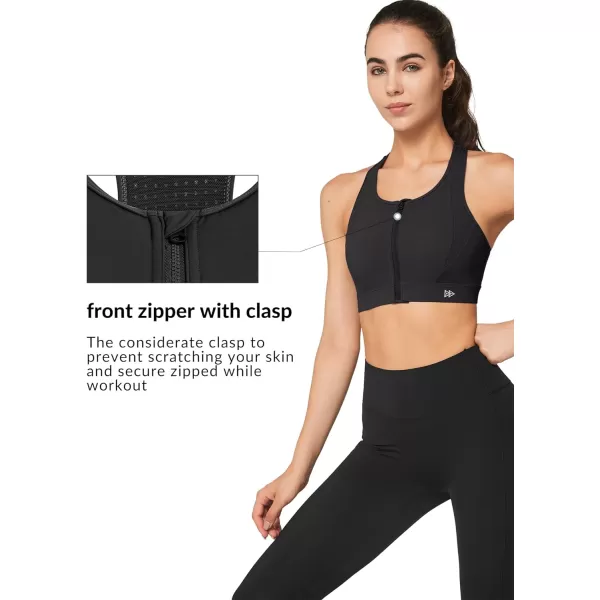 Yvette High Impact Sports Bra for Women Zip Front Closure Mesh Racerback Breathable for Running Fitness GymBlack
