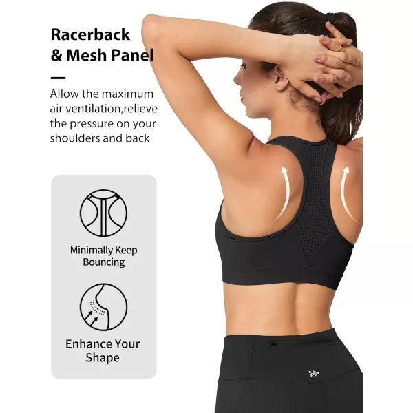 Yvette High Impact Sports Bra for Women Zip Front Closure Mesh Racerback Breathable for Running Fitness GymBlack