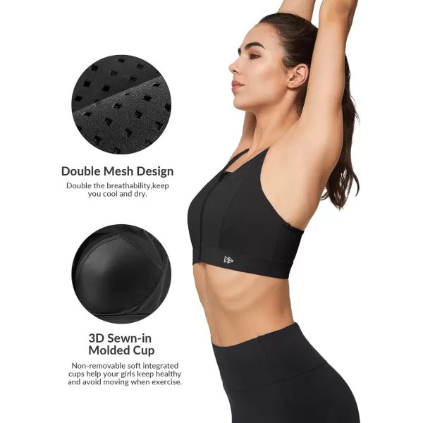 Yvette High Impact Sports Bra for Women Zip Front Closure Mesh Racerback Breathable for Running Fitness GymBlack