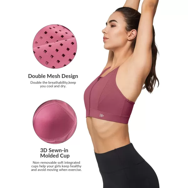 Yvette High Impact Sports Bra for Women Zip Front Closure Mesh Racerback Breathable for Running Fitness GymRose Red