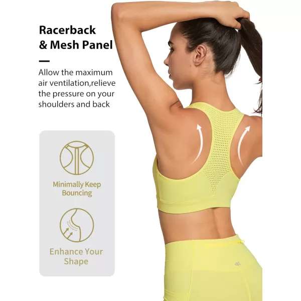 Yvette High Impact Sports Bra for Women Zip Front Closure Mesh Racerback Breathable for Running Fitness GymYellow