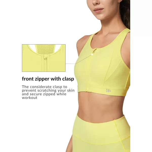 Yvette High Impact Sports Bra for Women Zip Front Closure Mesh Racerback Breathable for Running Fitness GymYellow