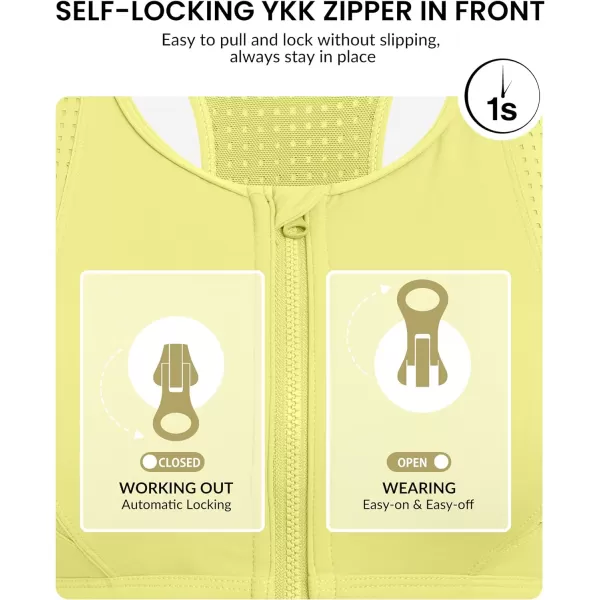 Yvette High Impact Sports Bra for Women Zip Front Closure Mesh Racerback Breathable for Running Fitness GymYellow