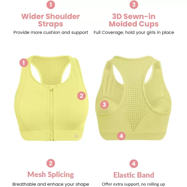 Yvette High Impact Sports Bra for Women Zip Front Closure Mesh Racerback Breathable for Running Fitness GymYellow