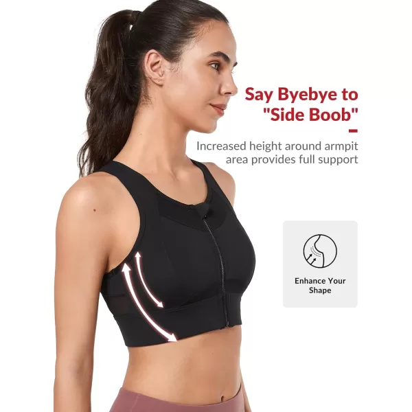 Yvette High Impact Sports Bras for Women Large Bust High Support Zip Front Closure Sports Bra for RunningBlack
