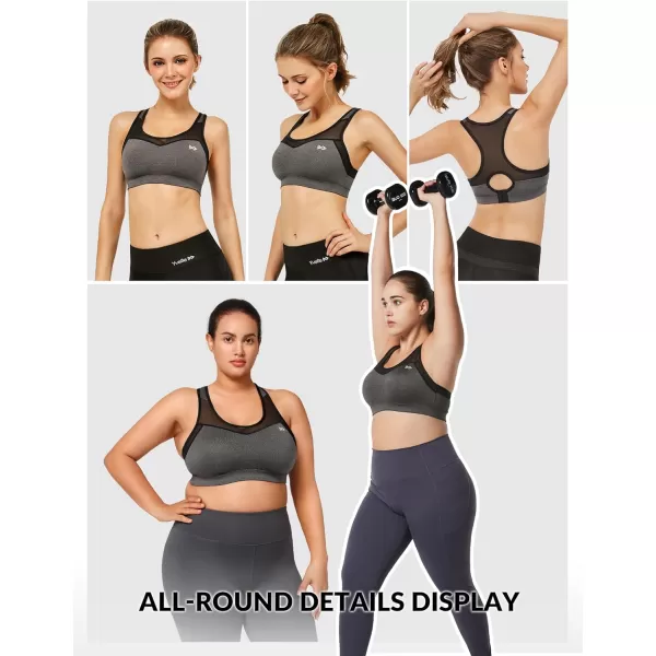 Yvette High Impact Sports Bras for Women Plus Size Racerback Workout Medium Support Sports Bra for Running FitnessGrey