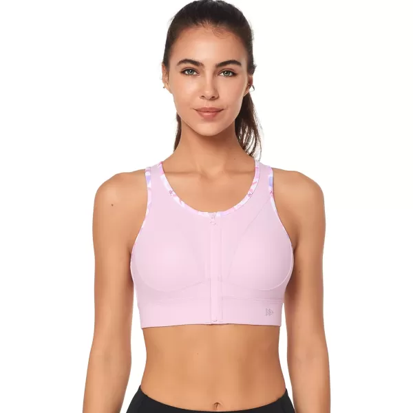 Yvette High Impact Sports Bras for Women Zip Front Floral Racerback Plus Size High Support Bra for Large BustsPink