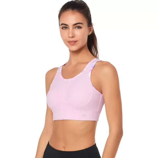 Yvette High Impact Sports Bras for Women Zip Front Floral Racerback Plus Size High Support Bra for Large BustsPink