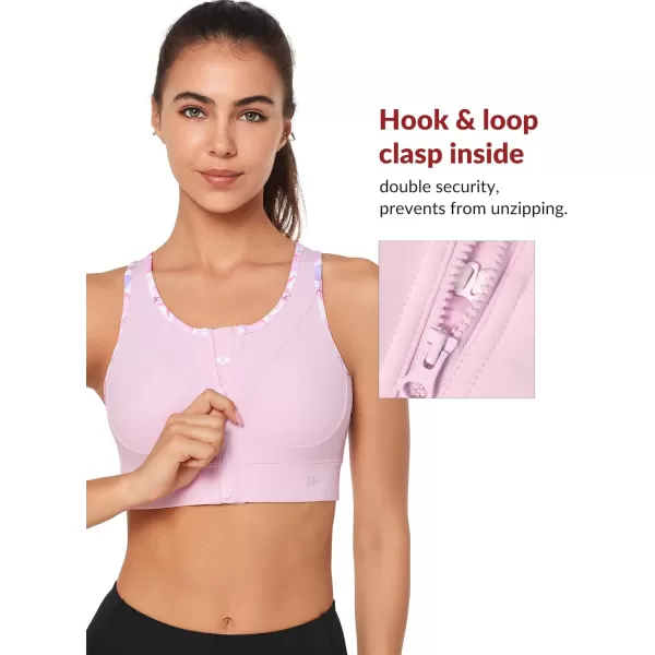 Yvette High Impact Sports Bras for Women Zip Front Floral Racerback Plus Size High Support Bra for Large BustsPink