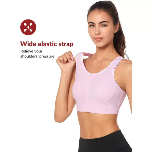 Yvette High Impact Sports Bras for Women Zip Front Floral Racerback Plus Size High Support Bra for Large BustsPink