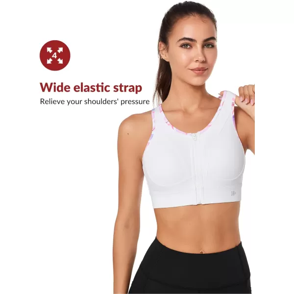 Yvette High Impact Sports Bras for Women Zip Front Floral Racerback Plus Size High Support Bra for Large BustsWhite