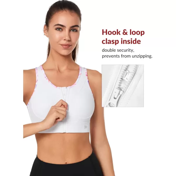 Yvette High Impact Sports Bras for Women Zip Front Floral Racerback Plus Size High Support Bra for Large BustsWhite
