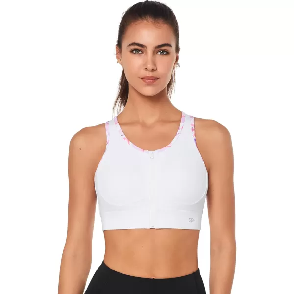 Yvette High Impact Sports Bras for Women Zip Front Floral Racerback Plus Size High Support Bra for Large BustsWhite