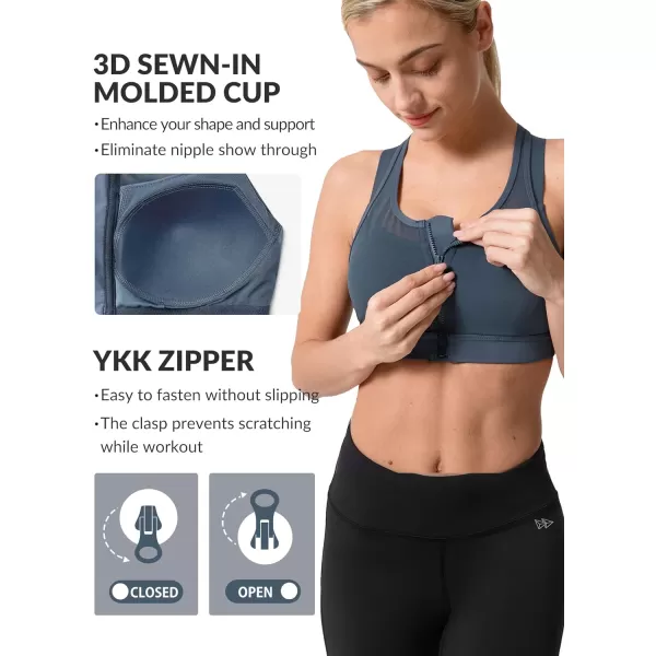 Yvette High Impact Women Sports Bra Front Closure Double Deck Mesh Running Bra for Plus Size for Plus SizeGrey Blue