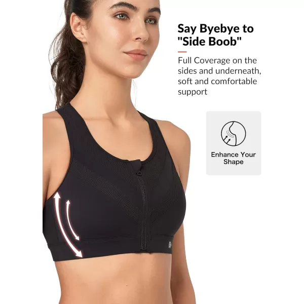 Yvette High Impact Zip Front Closure Sports Bras Support for Large Bust Women Supportive ComfortableBlack
