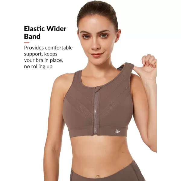Yvette High Impact Zip Front Closure Sports Bras Support for Large Bust Women Supportive ComfortableCoffee