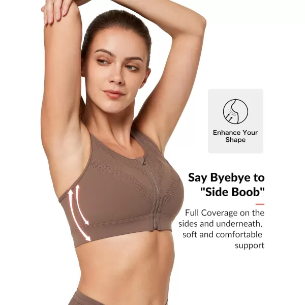 Yvette High Impact Zip Front Closure Sports Bras Support for Large Bust Women Supportive ComfortableCoffee
