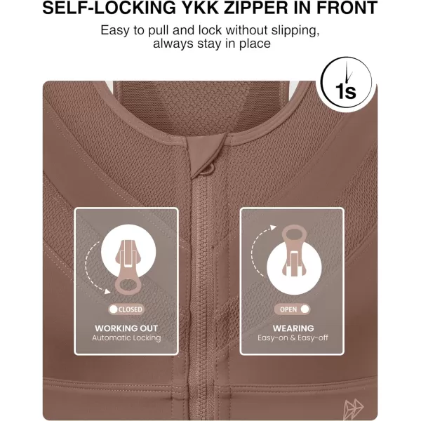 Yvette High Impact Zip Front Closure Sports Bras Support for Large Bust Women Supportive ComfortableCoffee