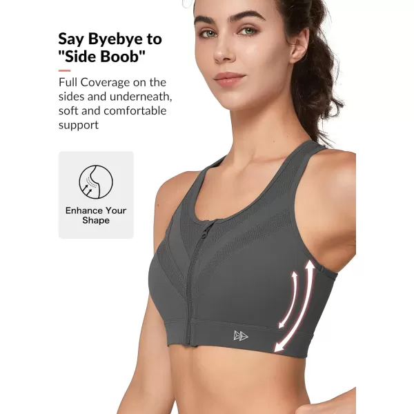 Yvette High Impact Zip Front Closure Sports Bras Support for Large Bust Women Supportive ComfortableGrey