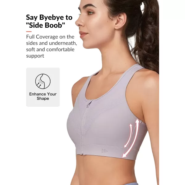 Yvette High Impact Zip Front Closure Sports Bras Support for Large Bust Women Supportive ComfortableLight Purple