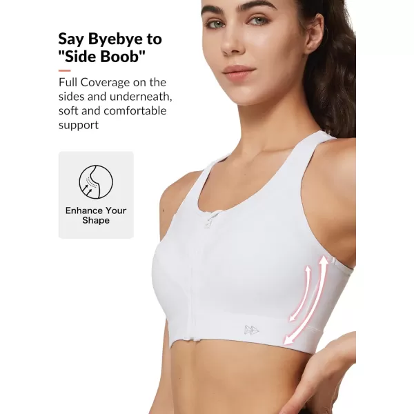Yvette High Impact Zip Front Closure Sports Bras Support for Large Bust Women Supportive ComfortableWhite