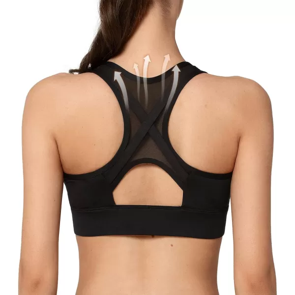 Yvette High Impact Zip Front Sports Bra Mesh Racerback Workout High Support Sports Bras for Women Large BreastsBlack