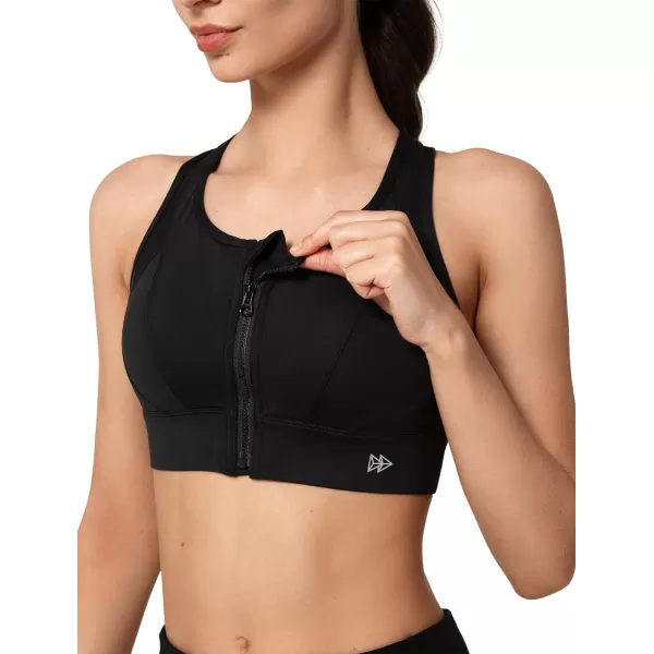 Yvette High Impact Zip Front Sports Bra Mesh Racerback Workout High Support Sports Bras for Women Large BreastsBlack