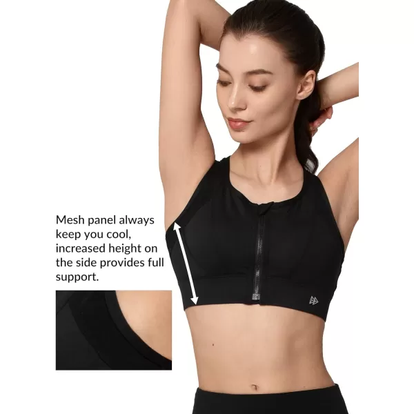 Yvette High Impact Zip Front Sports Bra Mesh Racerback Workout High Support Sports Bras for Women Large BreastsBlack