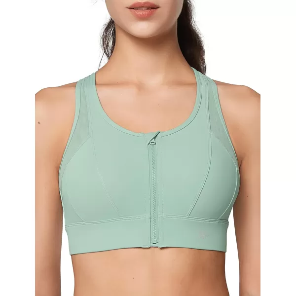 Yvette High Impact Zip Front Sports Bra Mesh Racerback Workout High Support Sports Bras for Women Large BreastsLight Green