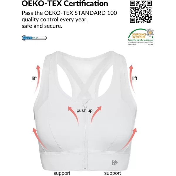 Yvette High Impact Zip Front Sports Bra Mesh Racerback Workout High Support Sports Bras for Women Large BreastsWhite