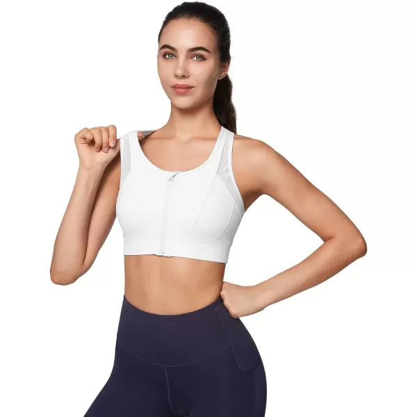 Yvette High Impact Zip Front Sports Bra Mesh Racerback Workout High Support Sports Bras for Women Large BreastsWhite