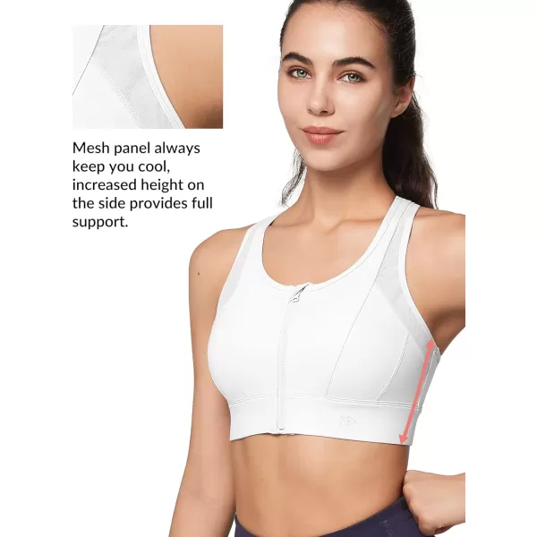 Yvette High Impact Zip Front Sports Bra Mesh Racerback Workout High Support Sports Bras for Women Large BreastsWhite