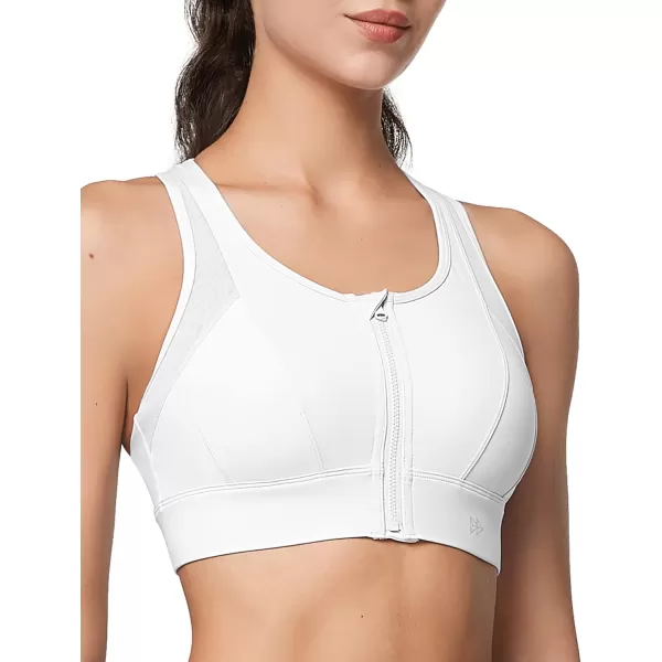 Yvette High Impact Zip Front Sports Bra Mesh Racerback Workout High Support Sports Bras for Women Large BreastsWhite