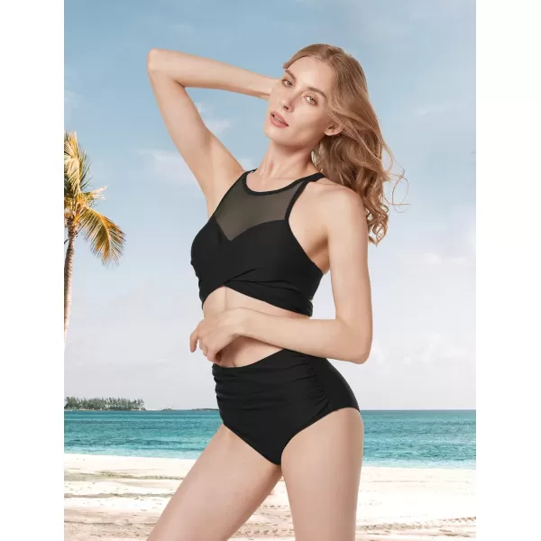 Yvette High Neck Bathing Suit for Women Tummy Control Crossed Back Swimsuit Adjustable Straps Mesh Bikini SetBlack